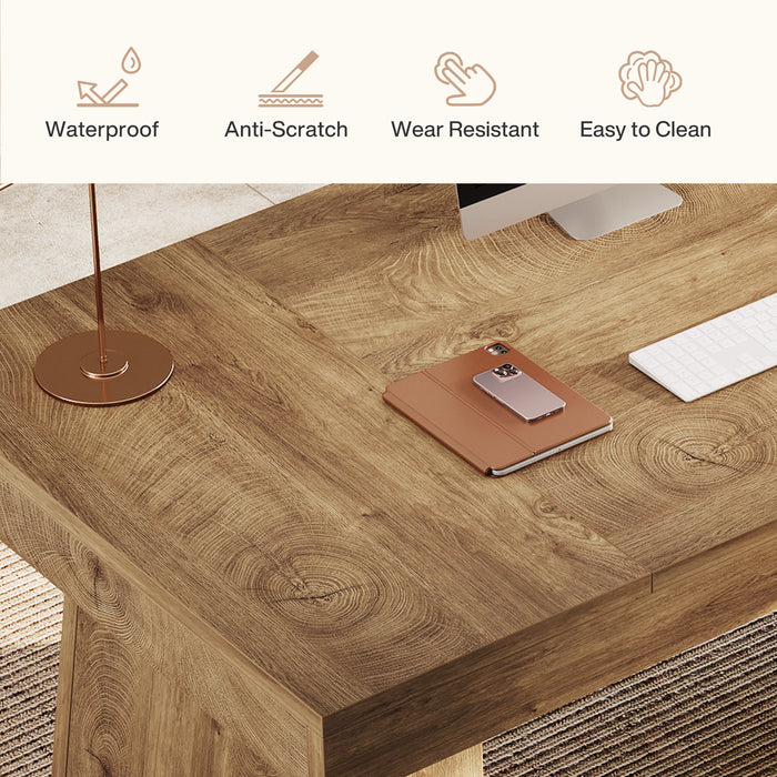 55-Inch Executive Desk, Large Wood Office Computer Desk with Double Pedestal#Colour_Light Brown