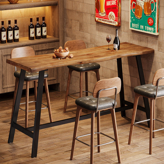 55 Inch Solid Wood Bar Table with Metal Frame and Footrest, Industrial Counter Height Pub Table for Kitchen