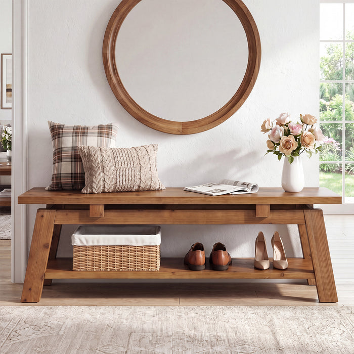 55-Inch Solid Wood Shoe Storage Bench with Lower Shelf, Farmhouse Entryway Seating for Hallway
