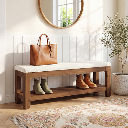 55-Inch Solid Wood Storage Bench with Faux Wool Seat, Entryway Bench for Bedroom