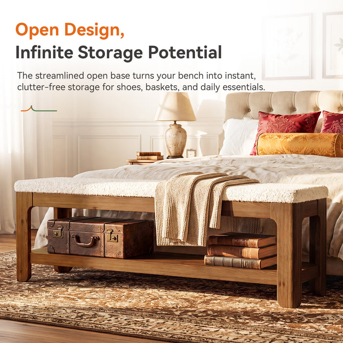 55-Inch Solid Wood Storage Bench with Faux Wool Seat, Entryway Bench for Bedroom
