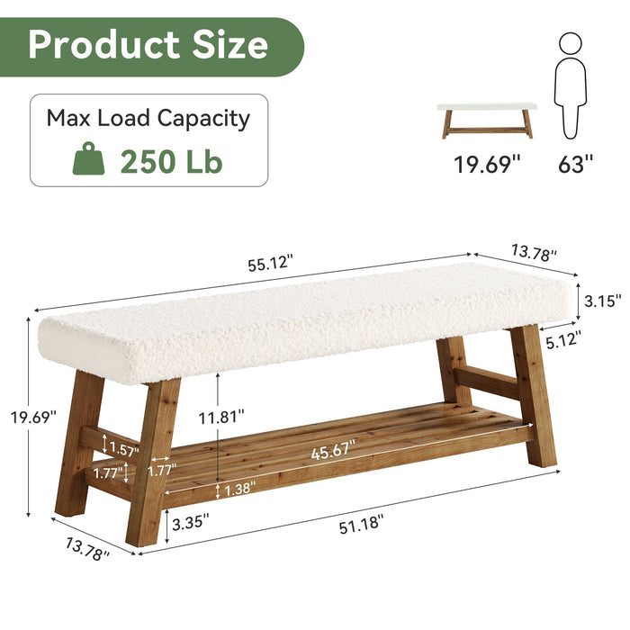 55-Inch Upholstered Entryway Bench with 2-Tier Shoe Storage Shelf, Solid Wood Frame Shoe Bench for Hallway