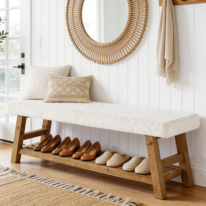 55-Inch Upholstered Entryway Bench with 2-Tier Shoe Storage Shelf, Solid Wood Frame Shoe Bench for Hallway