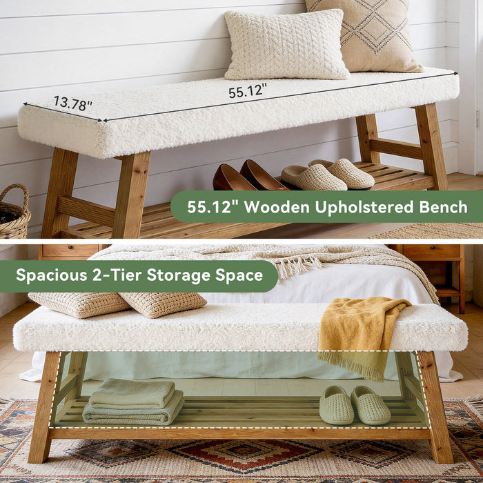 55-Inch Upholstered Entryway Bench with 2-Tier Shoe Storage Shelf, Solid Wood Frame Shoe Bench for Hallway