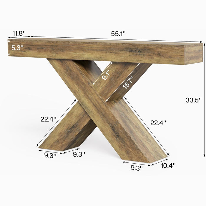 55" Rustic Industrial X-Brace Console Table - Slim Sofa Table for Entryway, Hallway & Living Room in Brown