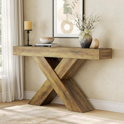 55" Rustic Industrial X-Brace Console Table - Slim Sofa Table for Entryway, Hallway & Living Room in Brown