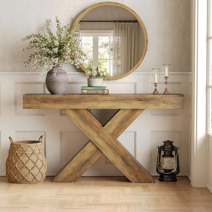 55" Rustic Industrial X-Brace Console Table - Slim Sofa Table for Entryway, Hallway & Living Room in Brown