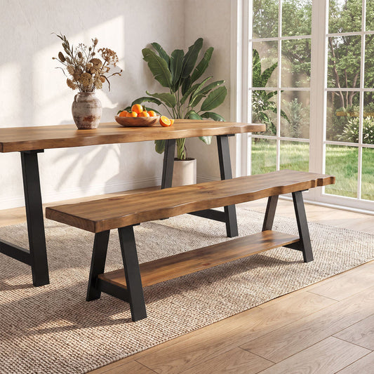 55" Solid Wood Dining Bench with Live Edge & Metal Frame, Kitchen & Dining Room