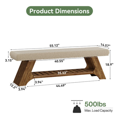 55" Solid Wood Storage Bench with Cushion, Upholstered Entryway Shoe Bench