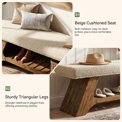 55" Solid Wood Storage Bench with Cushion, Upholstered Entryway Shoe Bench
