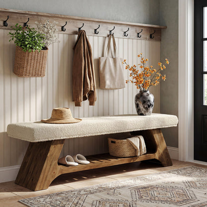 55" Solid Wood Storage Bench with Cushion, Upholstered Entryway Shoe Bench
