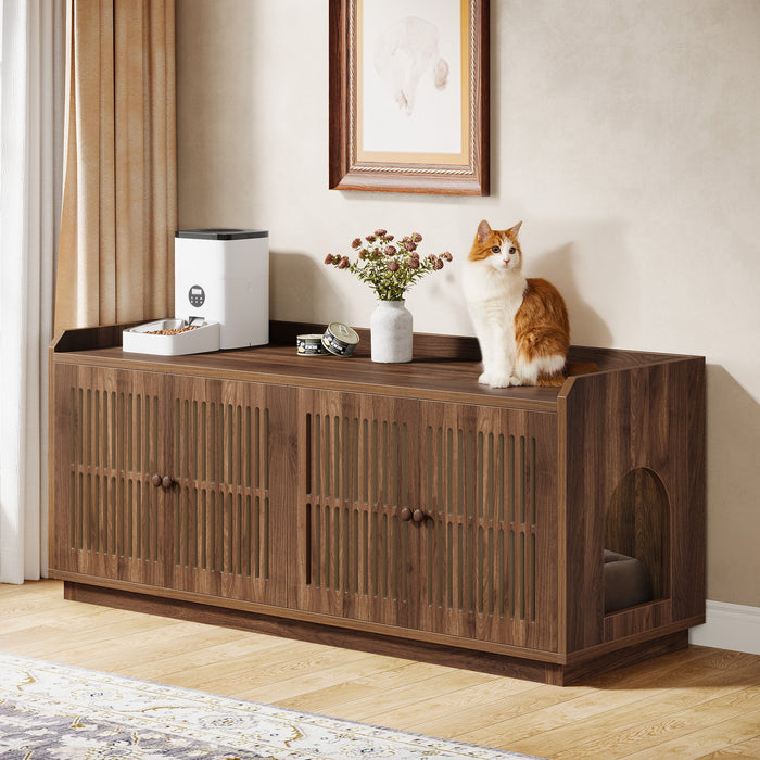 55.1-Inch Extra Large Cat Litter Box Enclosure for 2 Cats with 2 Cabinets and Side Entry, Hidden Wooden Cat Washroom Furniture for Living Room