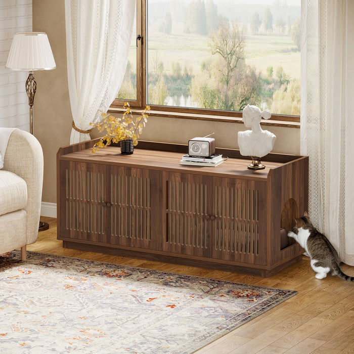 55.1-Inch Extra Large Cat Litter Box Enclosure for 2 Cats with 2 Cabinets and Side Entry, Hidden Wooden Cat Washroom Furniture for Living Room