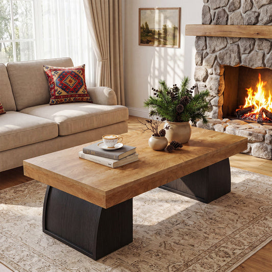 55.12 Inch Farmhouse Coffee Table with Curved Support Base, Rectangular Center Table for Living Room