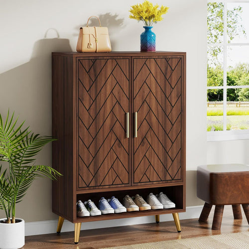 6-Tier Adjustable Shoe Cabinet - Wooden Shoe Organizer with Storage Shelves#Colour_Walnut & Gold