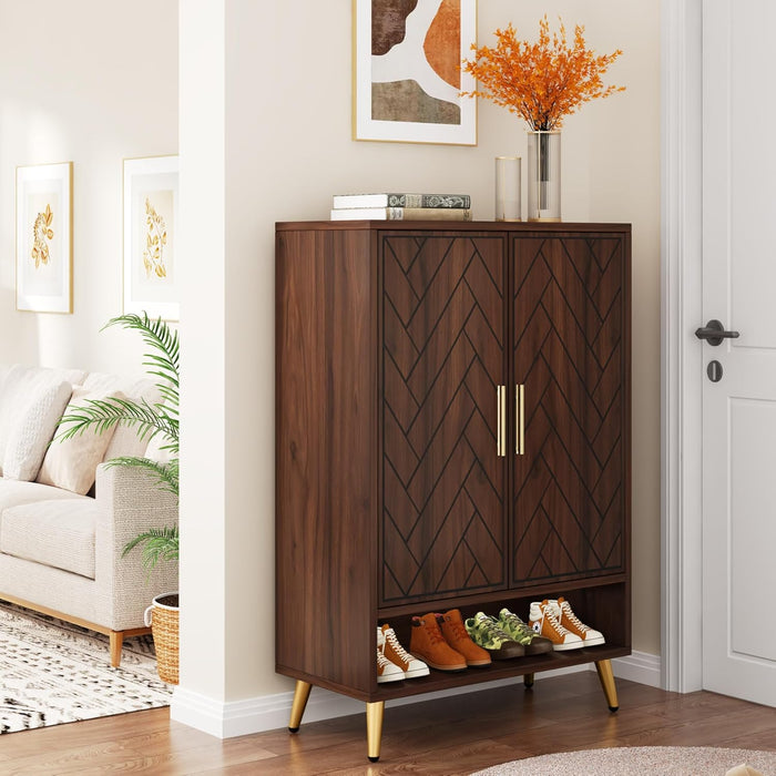 6-Tier Adjustable Shoe Cabinet - Wooden Shoe Organizer with Storage Shelves#Colour_Walnut & Gold