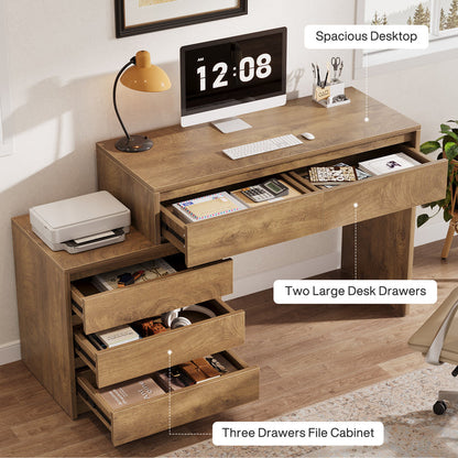62.99-Inch Computer Desk with 5 Drawers, Industrial Home Office Desk with File Cabinet for Small Spaces