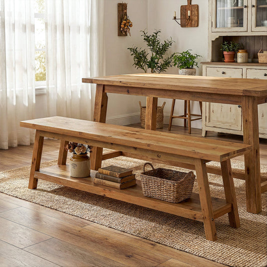 63" Farmhouse Kitchen Bench with Storage Shelf, Solid Wood Dining Bench