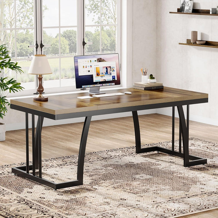 63" Executive Desk - Thick Wood Top & Metal Frame Workstation#Colour_Vintage Brown & Black