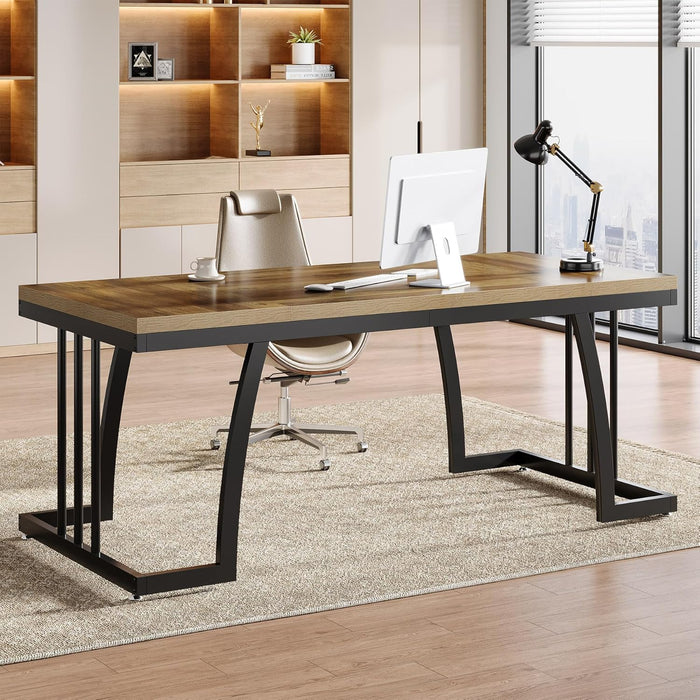 63" Executive Desk - Thick Wood Top & Metal Frame Workstation#Colour_Vintage Brown & Black