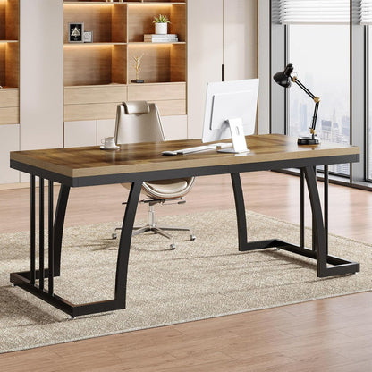 63" Executive Desk - Thick Wood Top & Metal Frame Workstation#Colour_Vintage Brown & Black