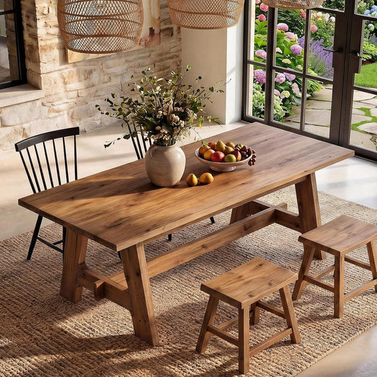 63-Inch Farmhouse Dining Table with Solid Wood and Trestle Base