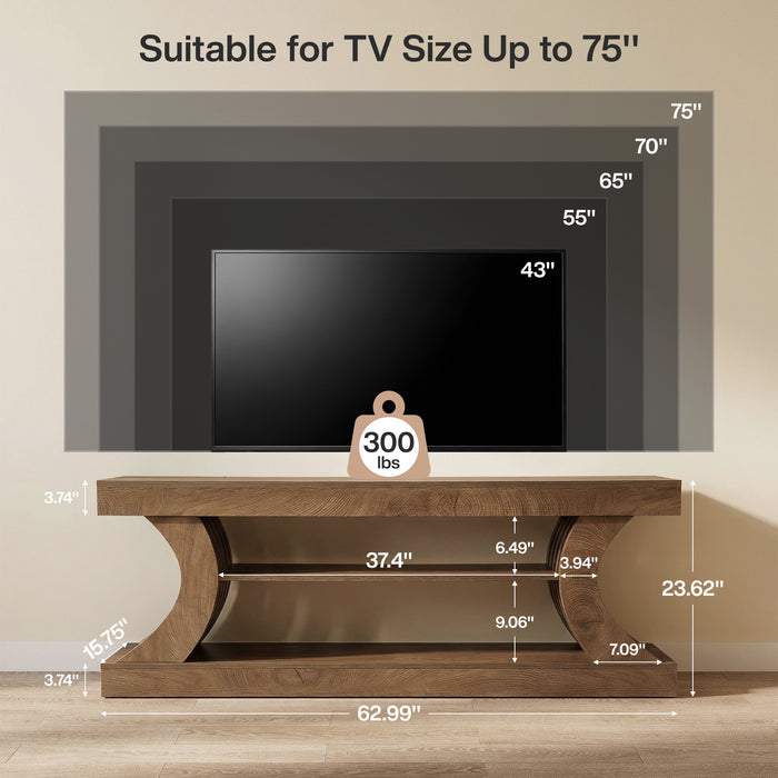 63-Inch Farmhouse TV Stand with 3-Tier Storage, Curved Entertainment Center for Living Room and Bedroom