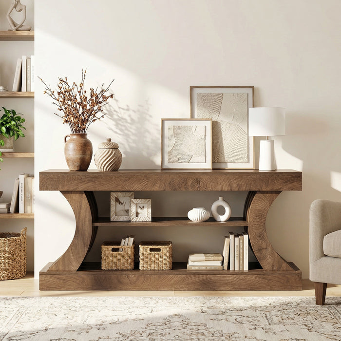 63-Inch Farmhouse TV Stand with 3-Tier Storage, Curved Entertainment Center for Living Room and Bedroom