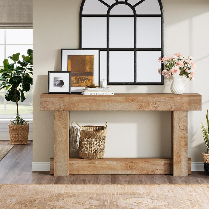 Slim entryway console table with warm brown wood grain and open storage shelf#Colour_Light Oak Brown