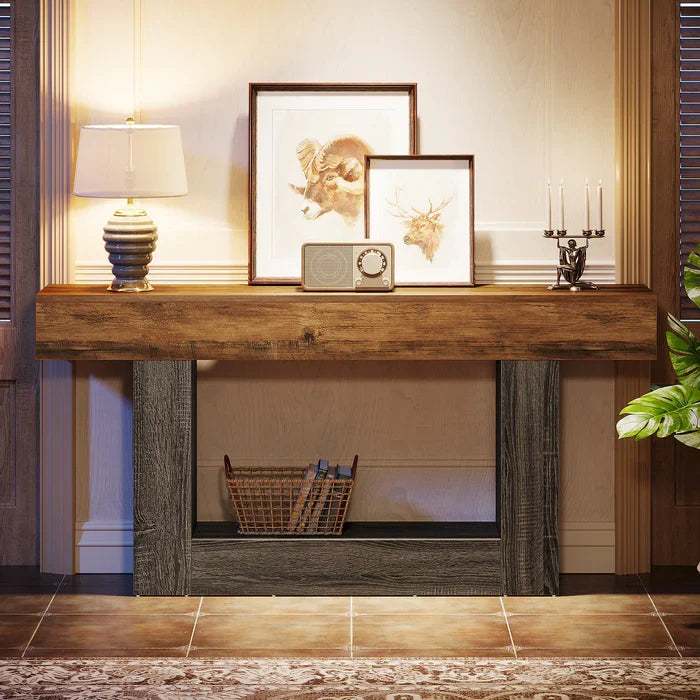 63 inch narrow console table with long tabletop and modern U-shaped base design#Colour_Vintage Brown & Gray