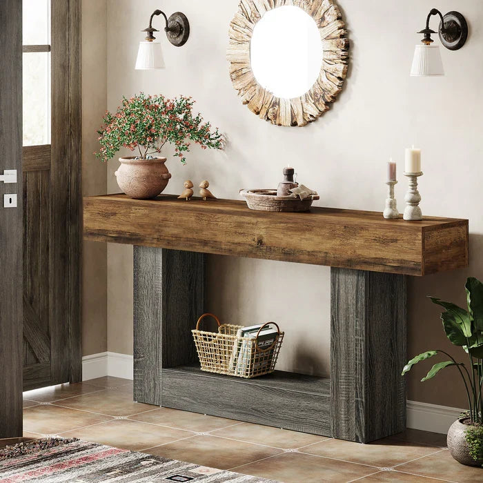 Slim hallway console table for entryway with décor, lamp and storage shelf#Colour_Vintage Brown & Gray