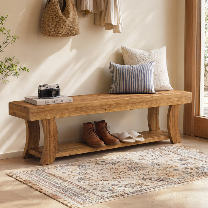 63-Inch Solid Fir Wood Storage Bench with Curved Legs, Farmhouse Bench for Hallway