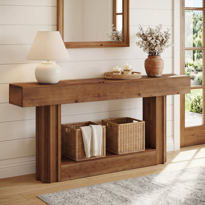63-Inch Solid Wood Console Table with 2-Tier Storage Shelf, Farmhouse Sofa Entryway Table for Hallway