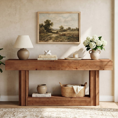 63-Inch Solid Wood Console Table with 2-Tier Storage Shelf, Farmhouse Sofa Entryway Table for Hallway