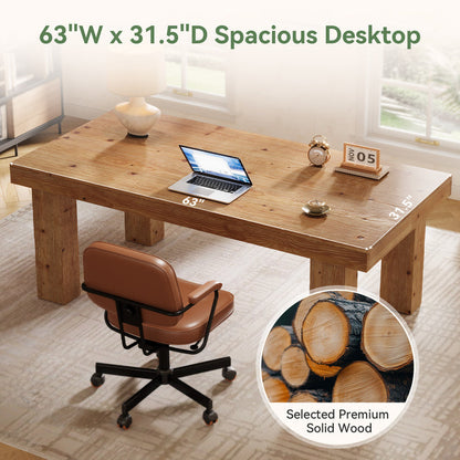 63-Inch Solid Wood Executive Desk with 3.74-Inch Thick Desktop and 350 lb Capacity, Farmhouse Computer Desk for Home Office Study and Business Workstation