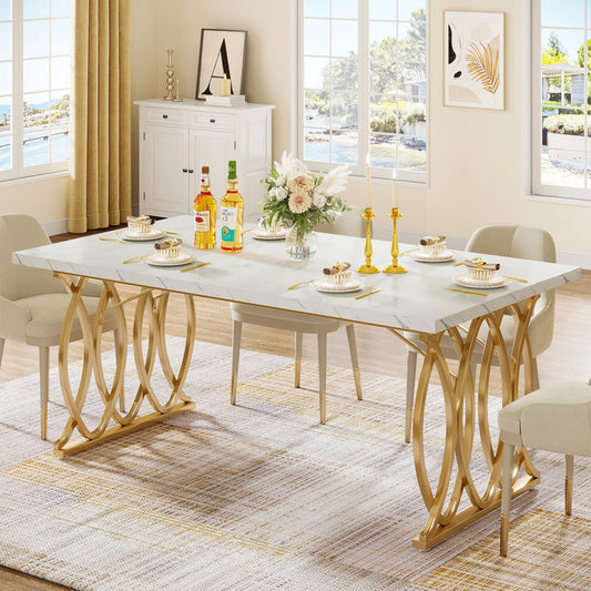 63-Inch White Marble-Effect Dining Table for 4-6, Modern Rectangular Kitchen Table with Gold Geometric LegsTribesigns