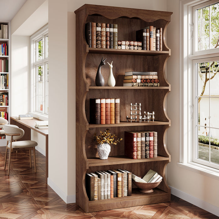 70 Inch Tall Bookcase, 5 Tier Curved Edge Bookshelf with Open Storage for Living Room and Home Office