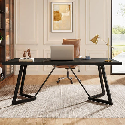 70.86-Inch Modern Executive Desk, Black Office Workstation with Sturdy Metal Frame