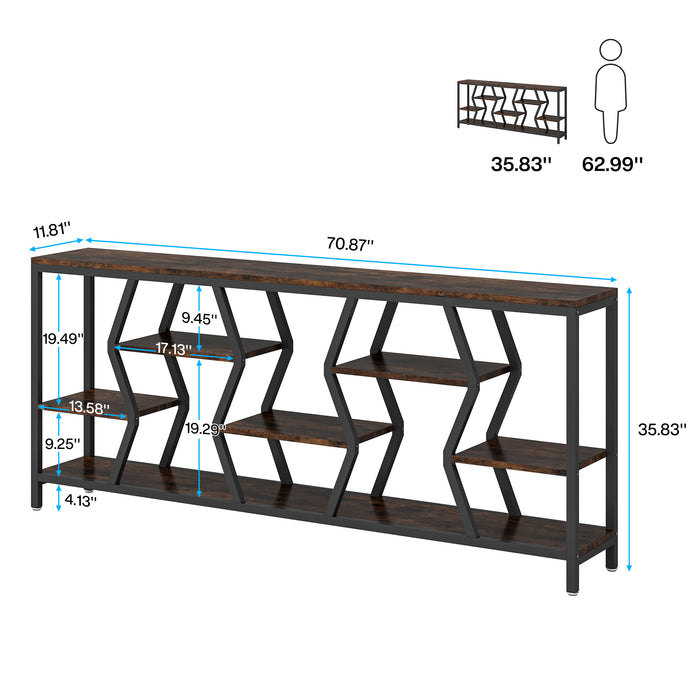 70.9-Inch Extra Long Sofa Console Table with 4-Tier Wood Storage Shelves, Industrial Narrow Entryway Table for Hallway
