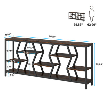 70.9-Inch Extra Long Sofa Console Table with 4-Tier Wood Storage Shelves, Industrial Narrow Entryway Table for Hallway