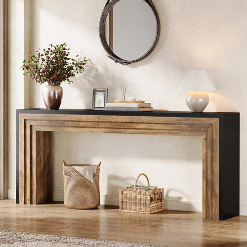 70.9-Inch Geometric Console Table with Two-Tone Panels, Extra Long Narrow Table for Hallway and Living Room