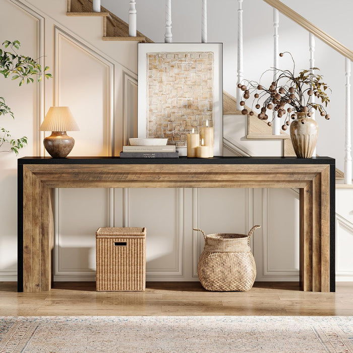 70.9-Inch Geometric Console Table with Two-Tone Panels, Extra Long Narrow Table for Hallway and Living Room