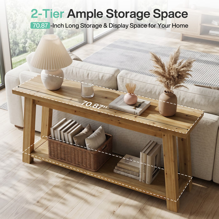 70.9-Inch Solid Wood Console Table with 2-Tier Storage Shelf, Farmhouse Entryway Table for Living Room and Hallway