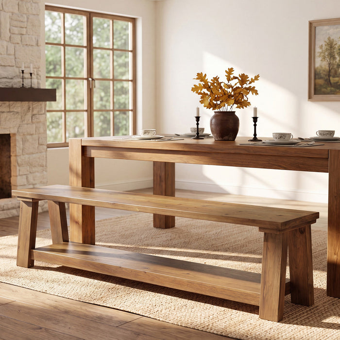 70.9-Inch Solid Wood Dining Bench with Storage Shelf, Farmhouse Bench for Dining Room