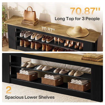 71-Inch Extra Long Shoe Storage Bench with 3-Tier Shelving, Farmhouse Entryway Seating