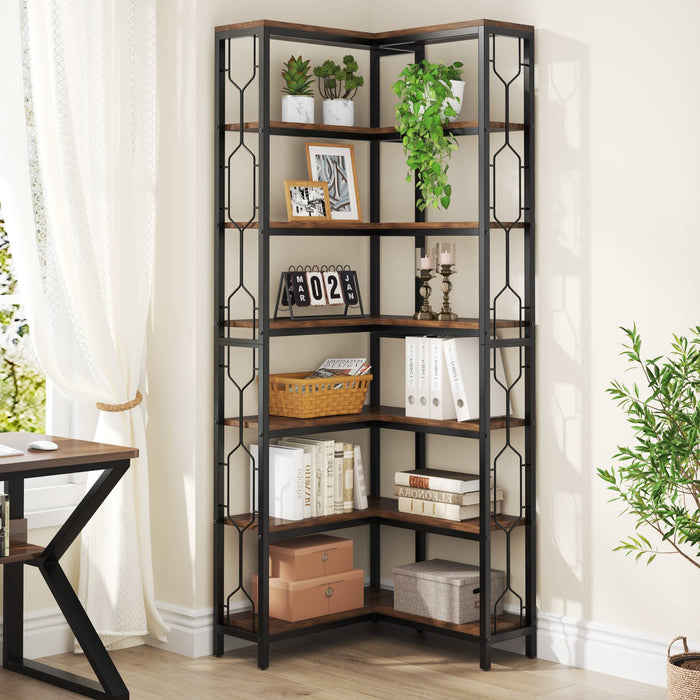 Industrial 7-Tier Corner Bookcase Etagere#Colour_Brown