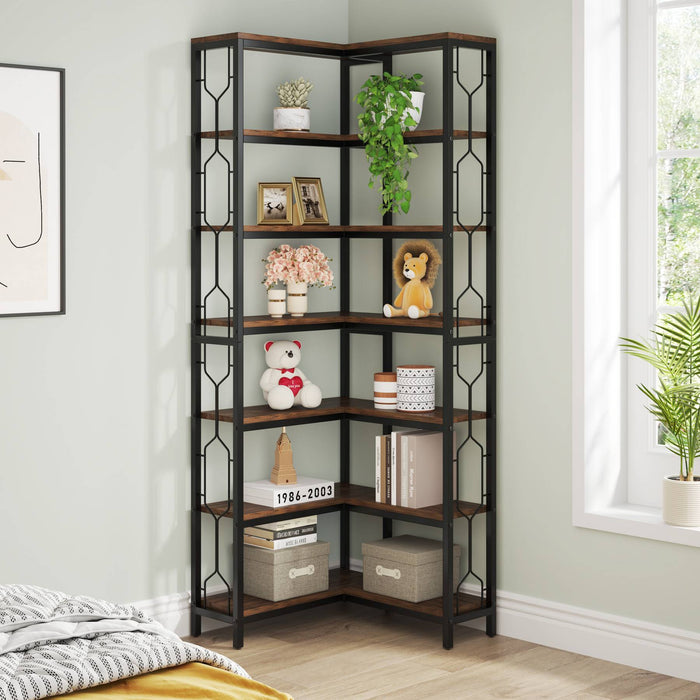 Industrial 7-Tier Corner Bookcase Etagere#Colour_Brown