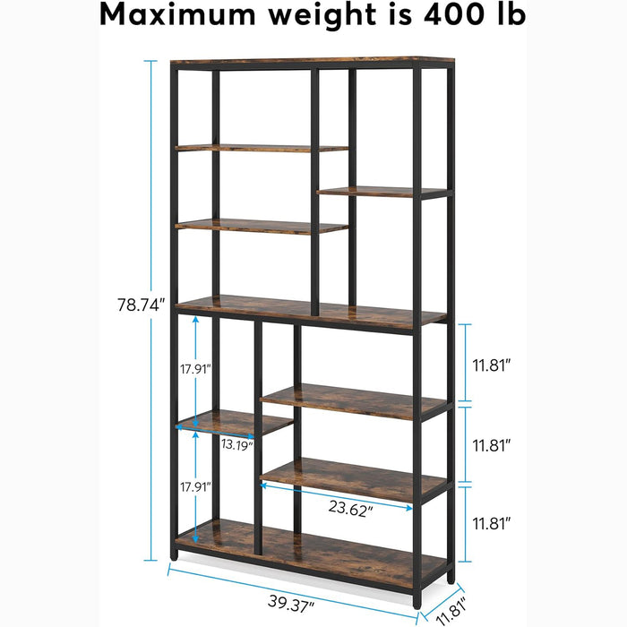 79" Industrial Bookcase - 8-Shelf Staggered Wood & Metal Display Shelf