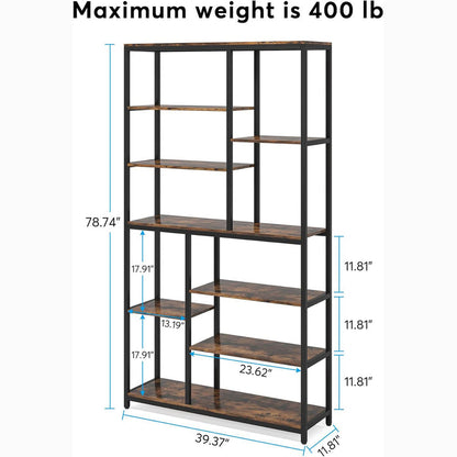 79" Industrial Bookcase - 8-Shelf Staggered Wood & Metal Display Shelf