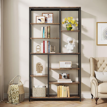 79" Industrial Bookcase - 8-Shelf Staggered Wood & Metal Display Shelf